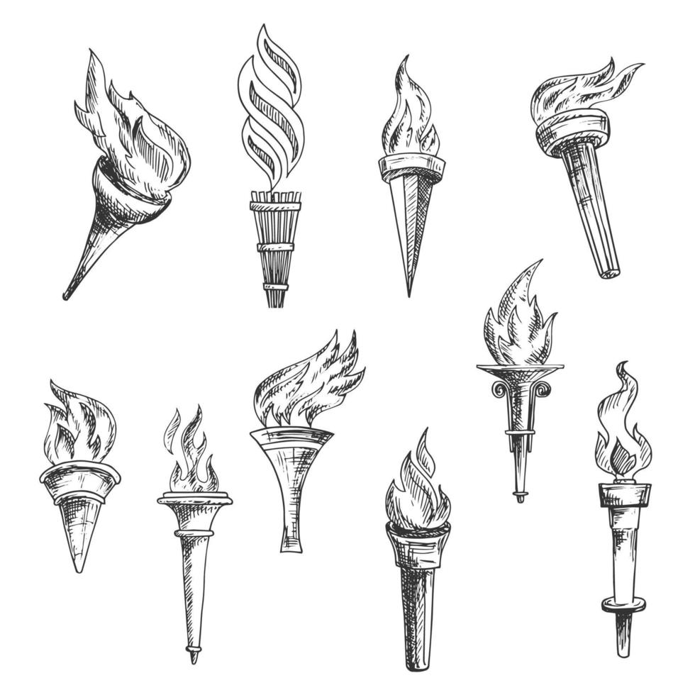 Ancient wooden flaming torches sketches vector