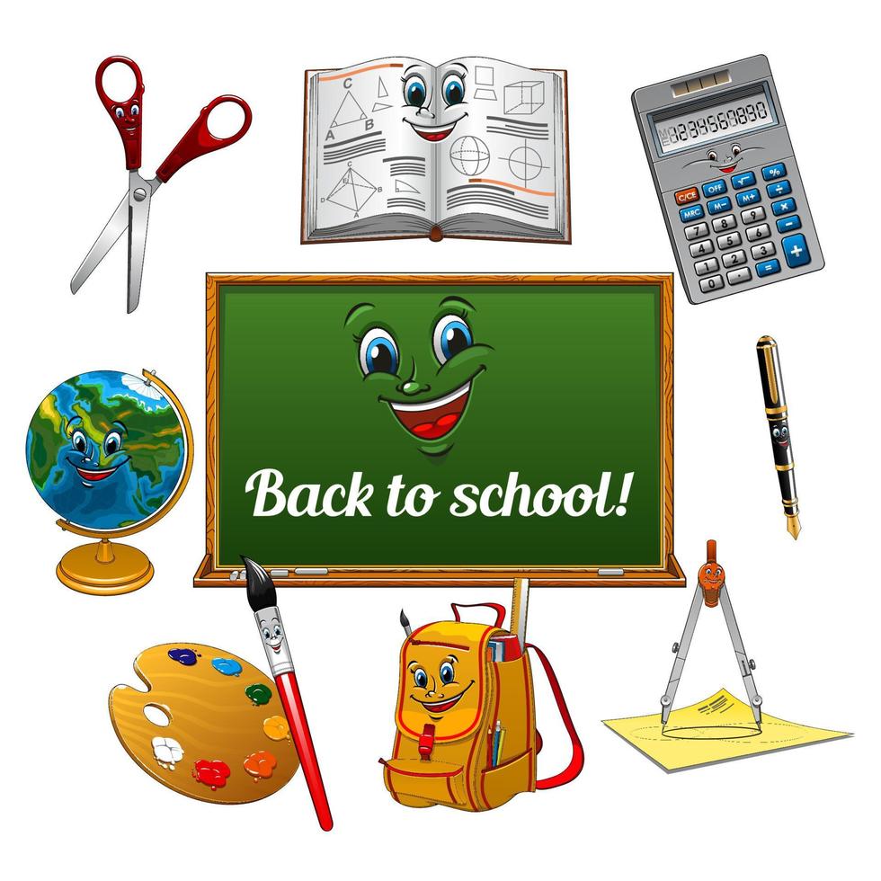 Cheerful cartoon school supplies with blackboard vector