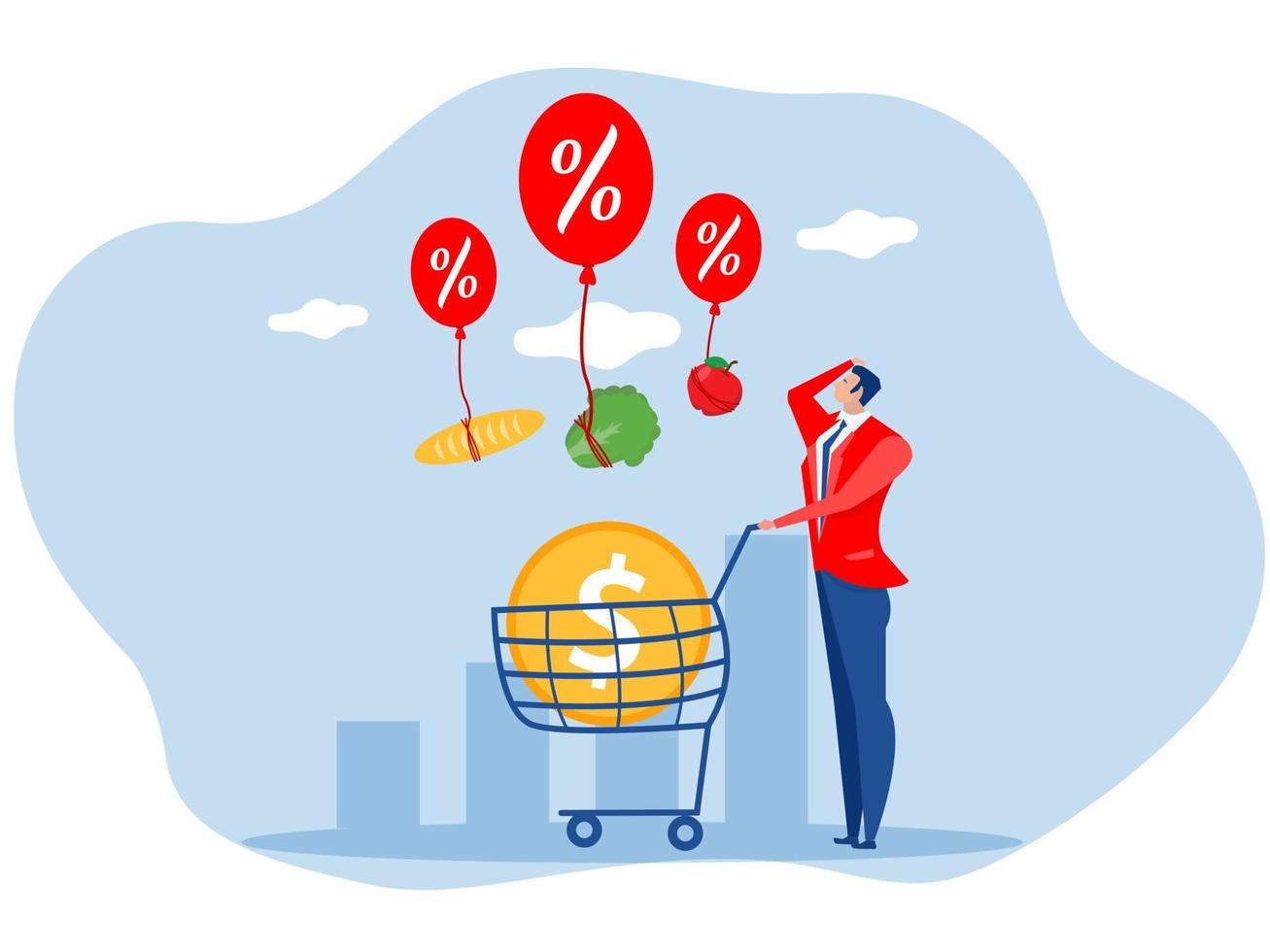goods Inflation, businessmen stress with Rising food price crisis,Prices of commodities and consumer goods rose due to rising inflation concept. vector illustration