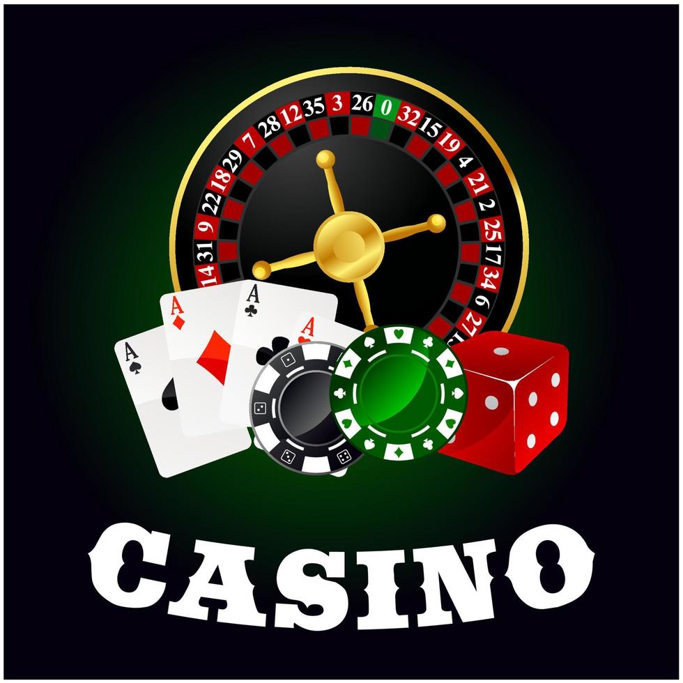 Casino roulette, cards, game chips and dice vector