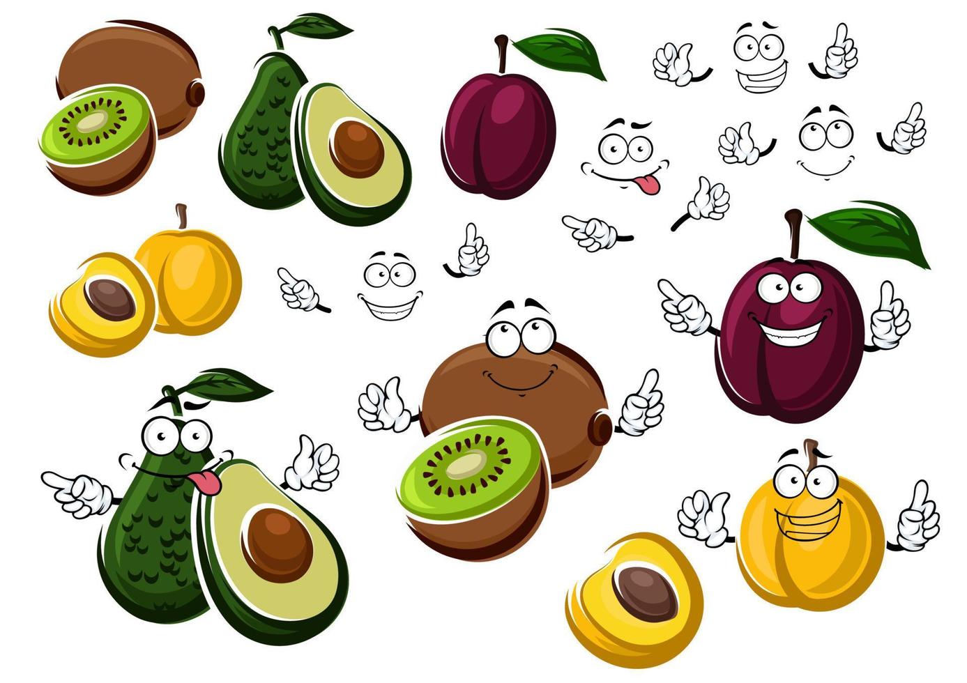 dibujos animados de aguacate, kiwi, ciruela y melocotón vector