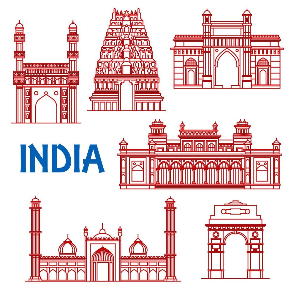 puntos de referencia de la arquitectura de línea delgada de los iconos de la india vector