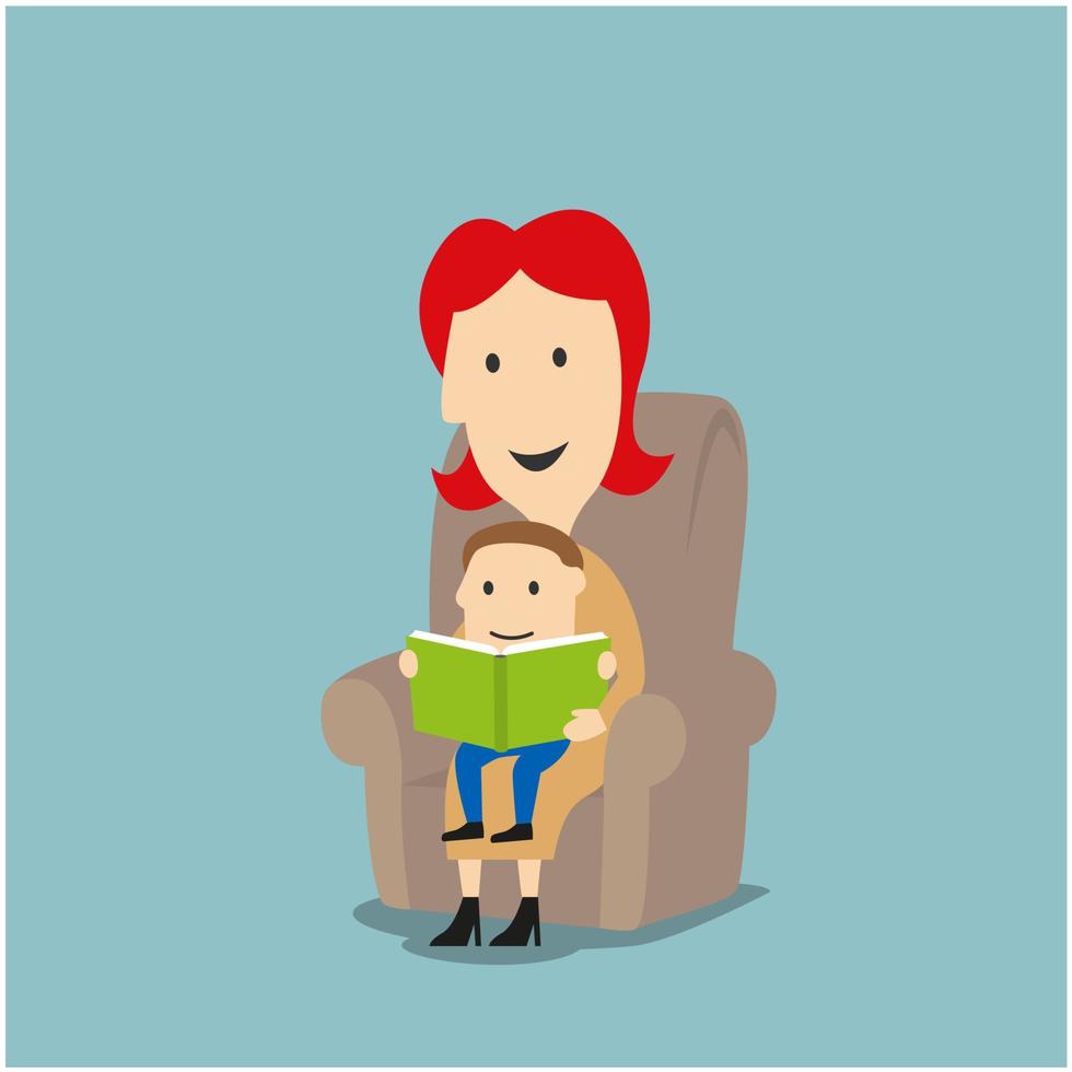 Mother and son reading book in armchair vector