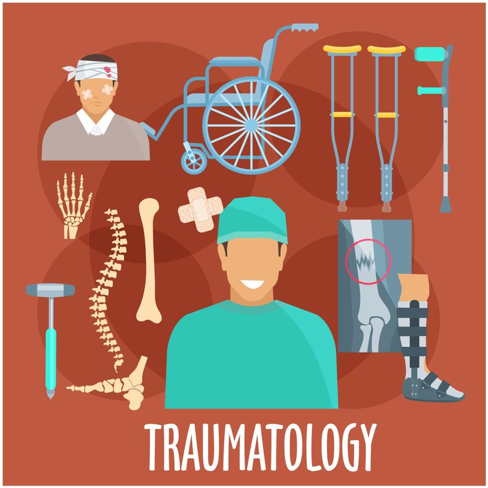 símbolo de traumatología con cirujano y herramientas médicas vector
