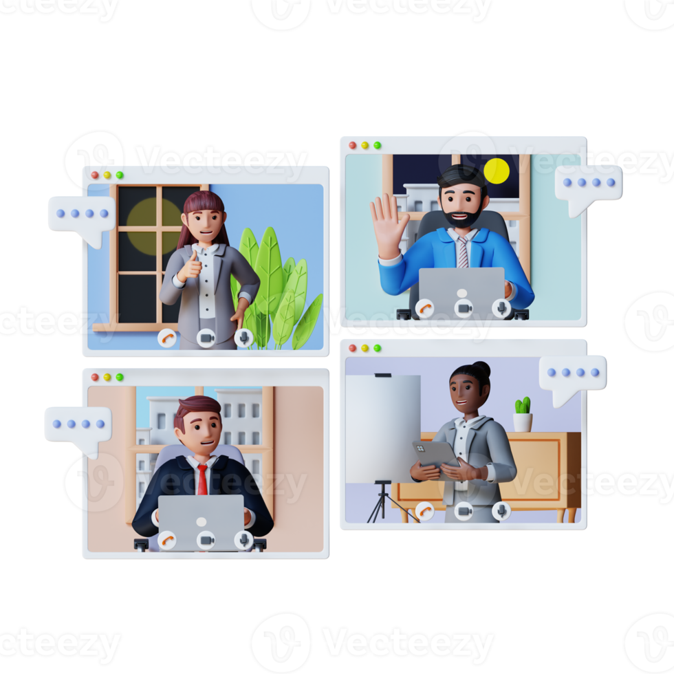 les gens d'affaires communiquent par appel vidéo avec des partenaires commerciaux illustration de personnage 3d png