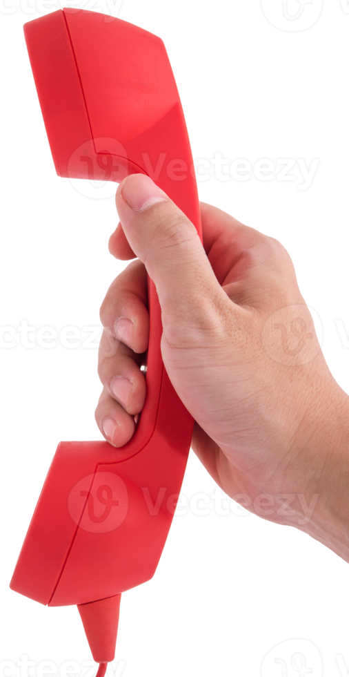Hand holding red phone urgent call for you isolated png