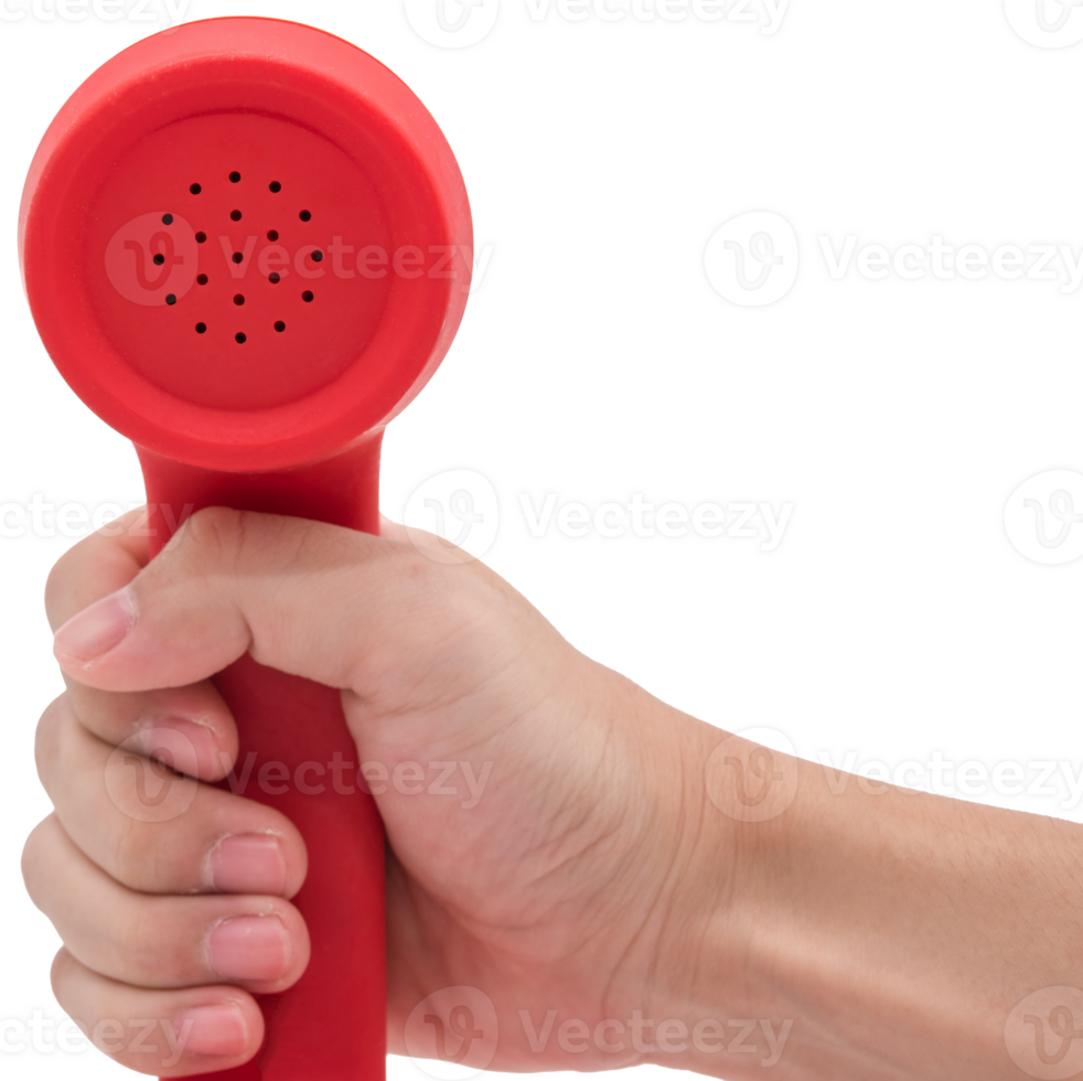 Hand holding red phone urgent call for you isolated png