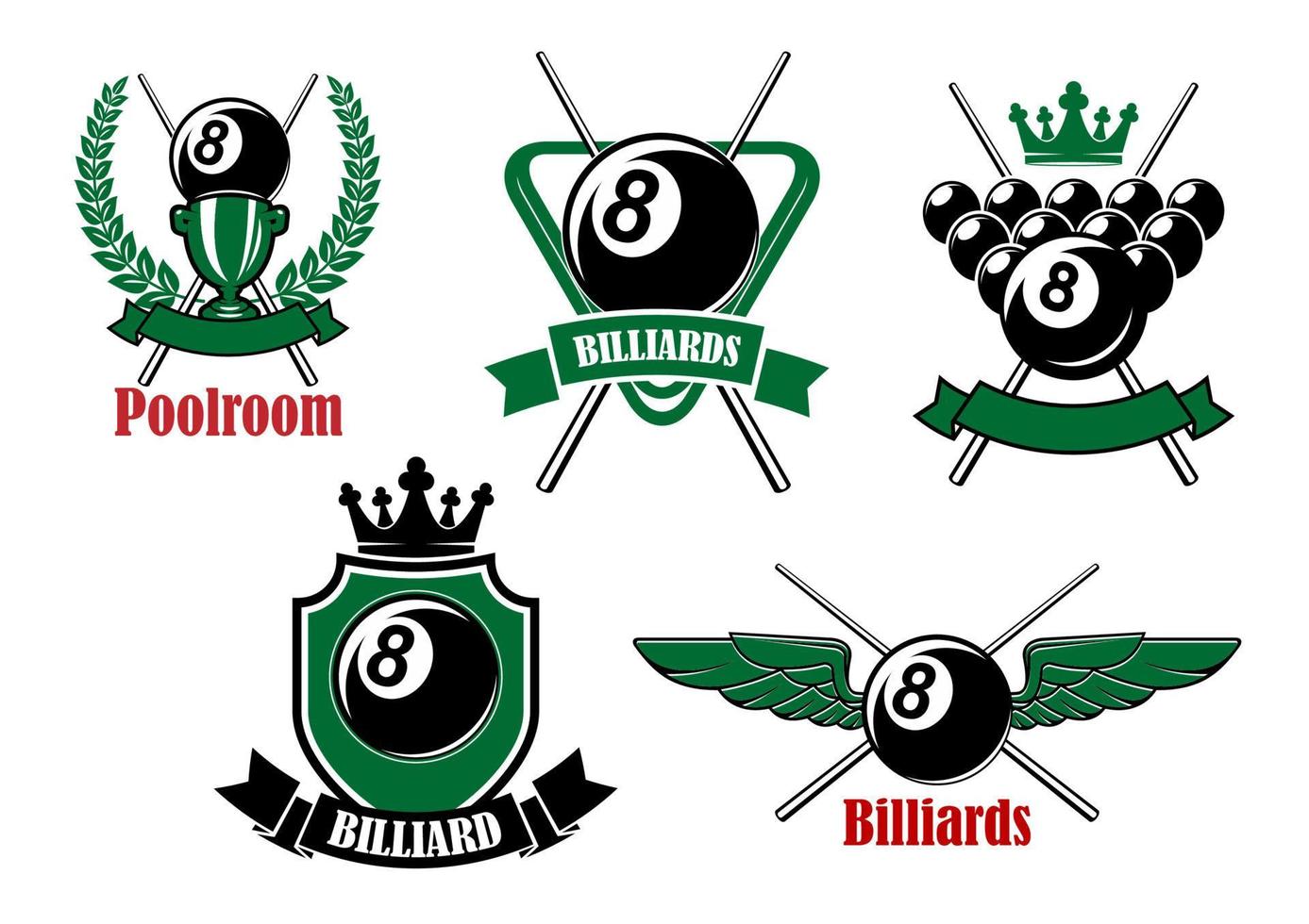 Pool, snooker and billiards game icons vector