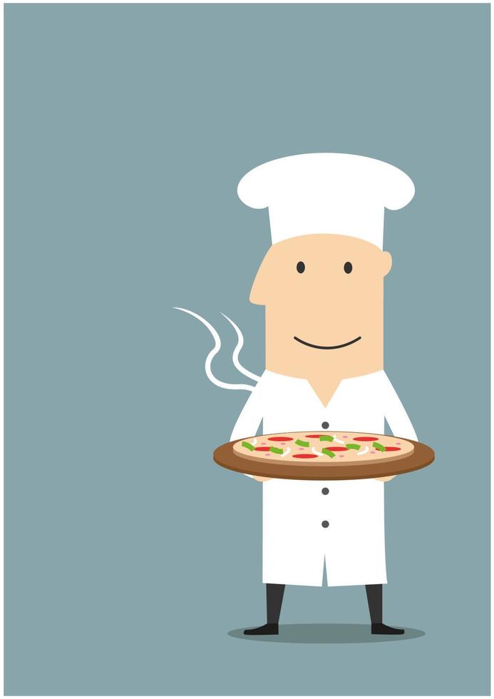 Baker in white hat with hot pepperoni pizza vector