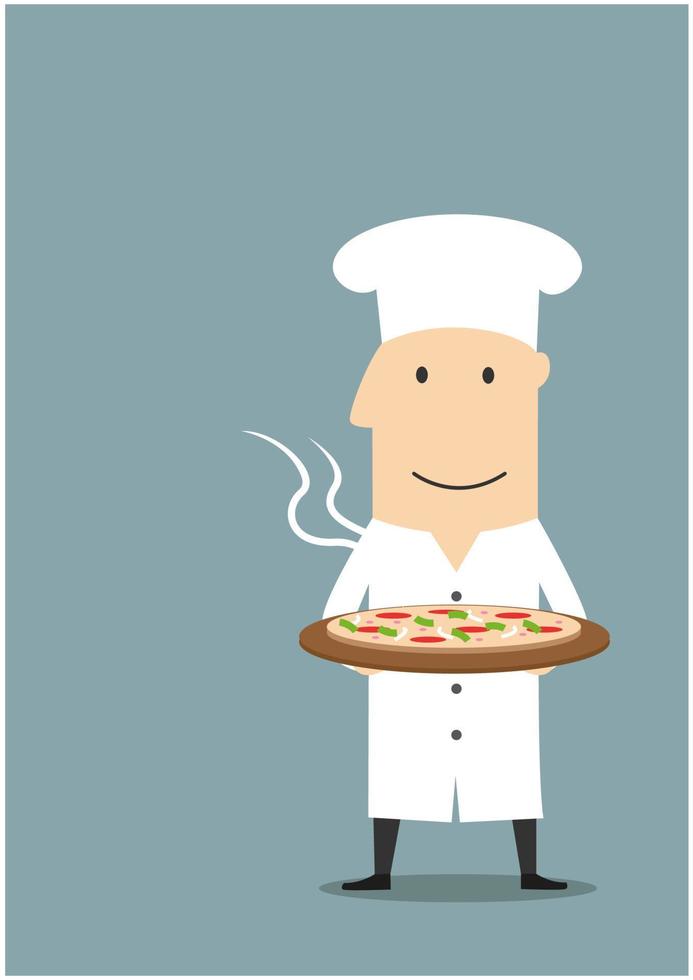 Baker in white hat with hot pepperoni pizza vector