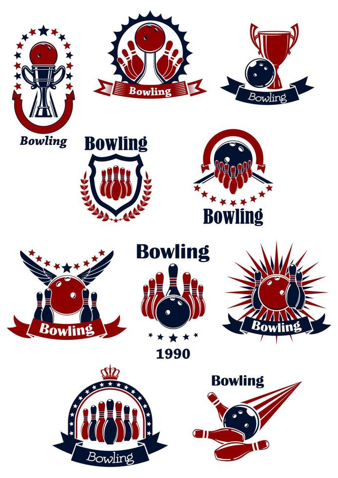 Bowling retro icons with balls and ninepins vector