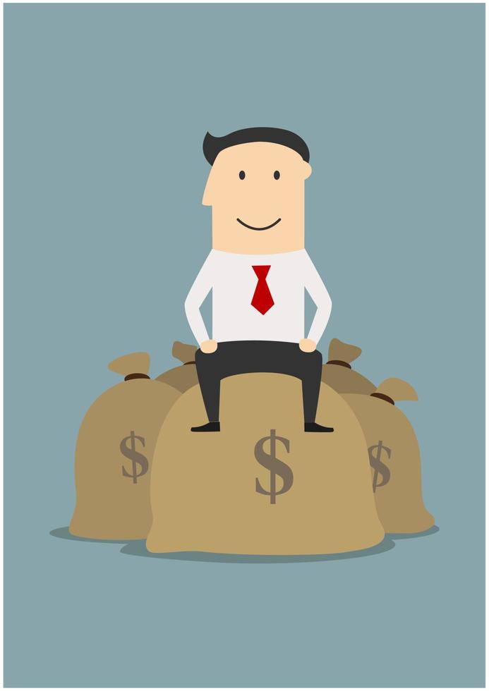 Wealthy businessman sitting on money bags vector
