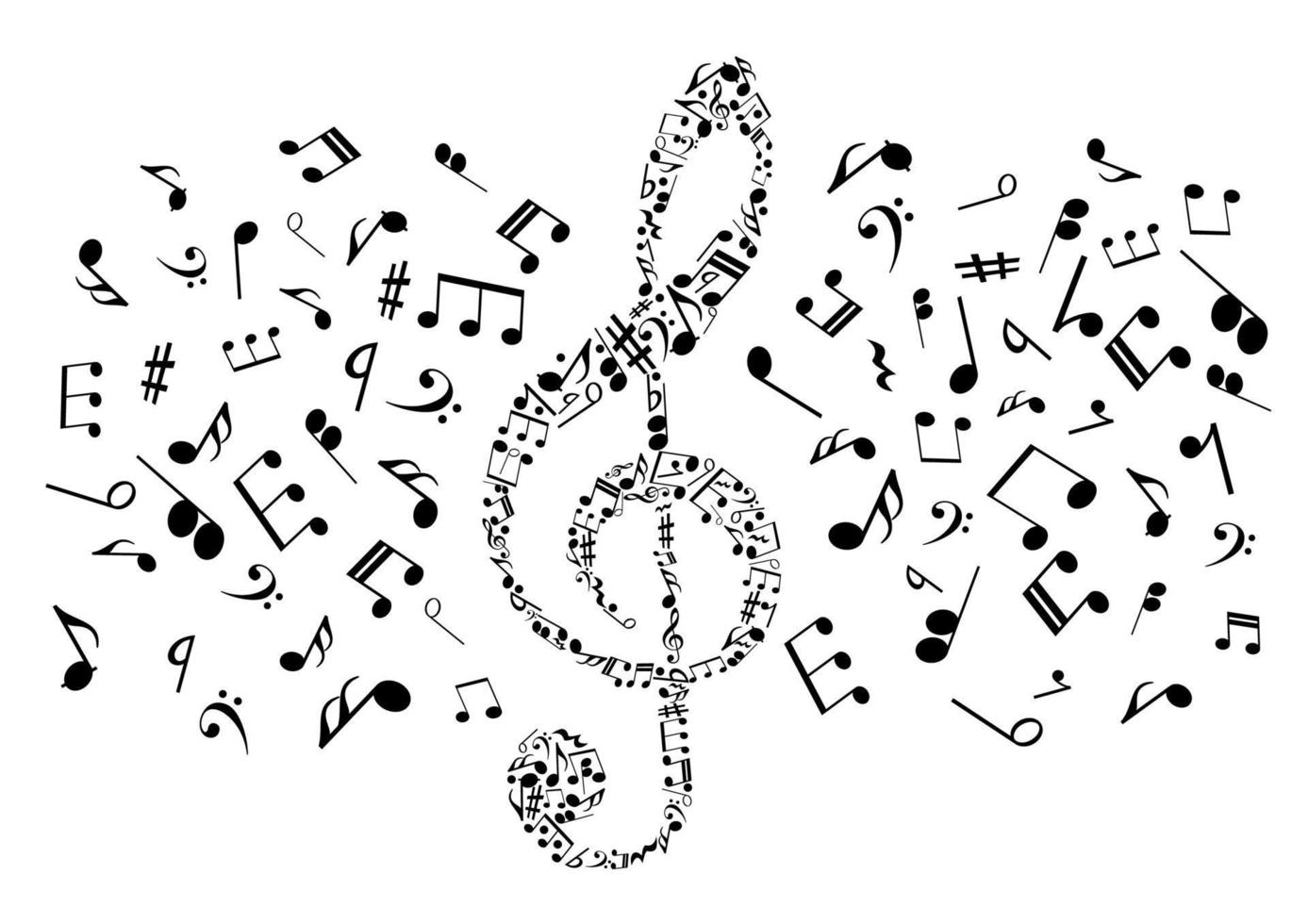 Musical notes and symbols in shape of treble clef vector