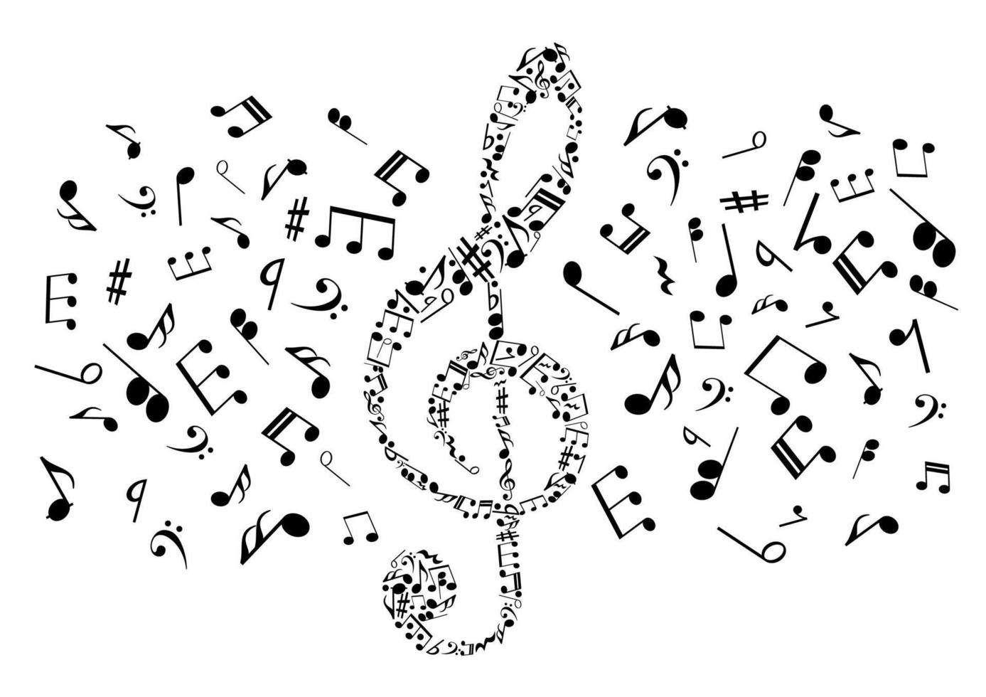 Musical notes and symbols in shape of treble clef vector