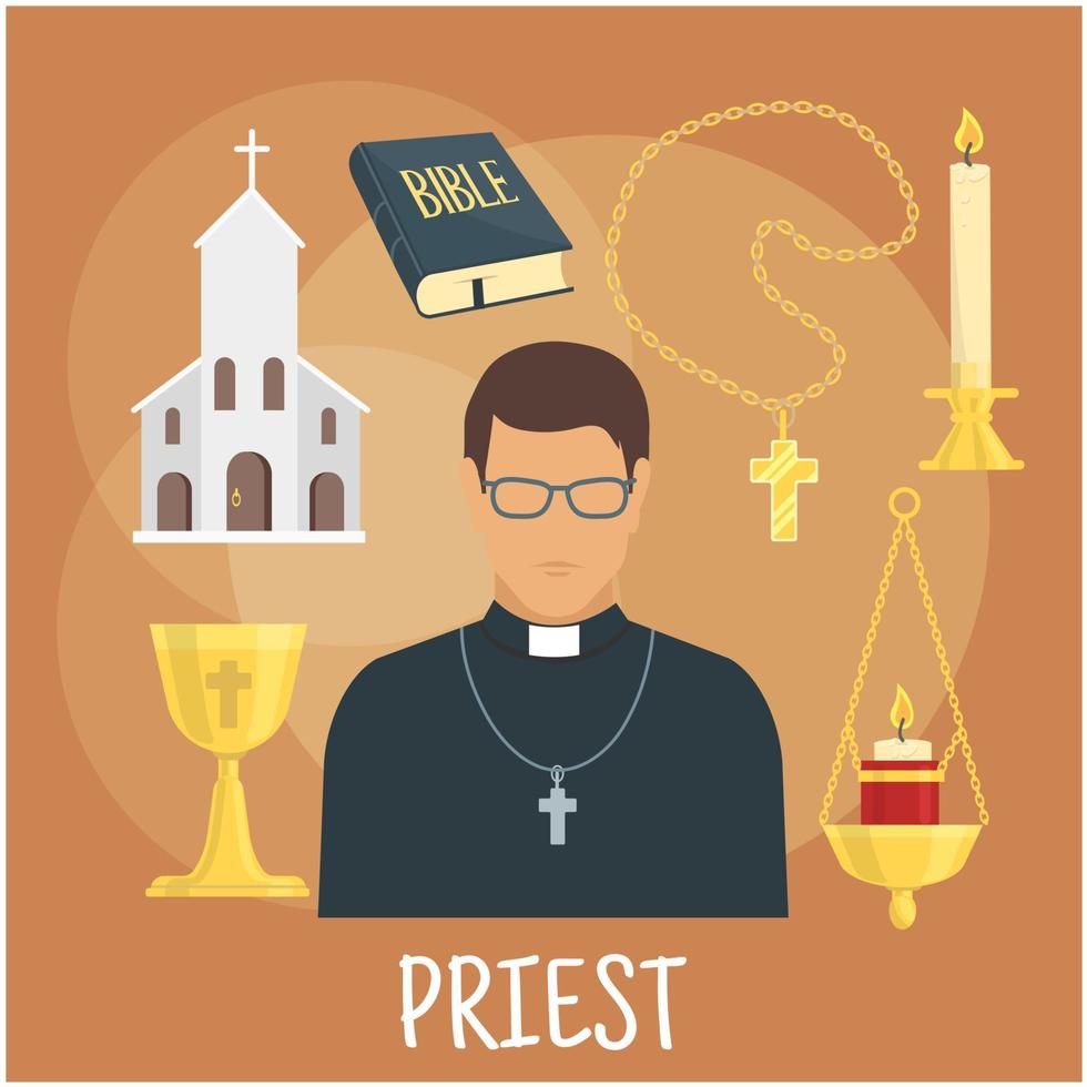 Catholic priest with religious symbols, flat style vector