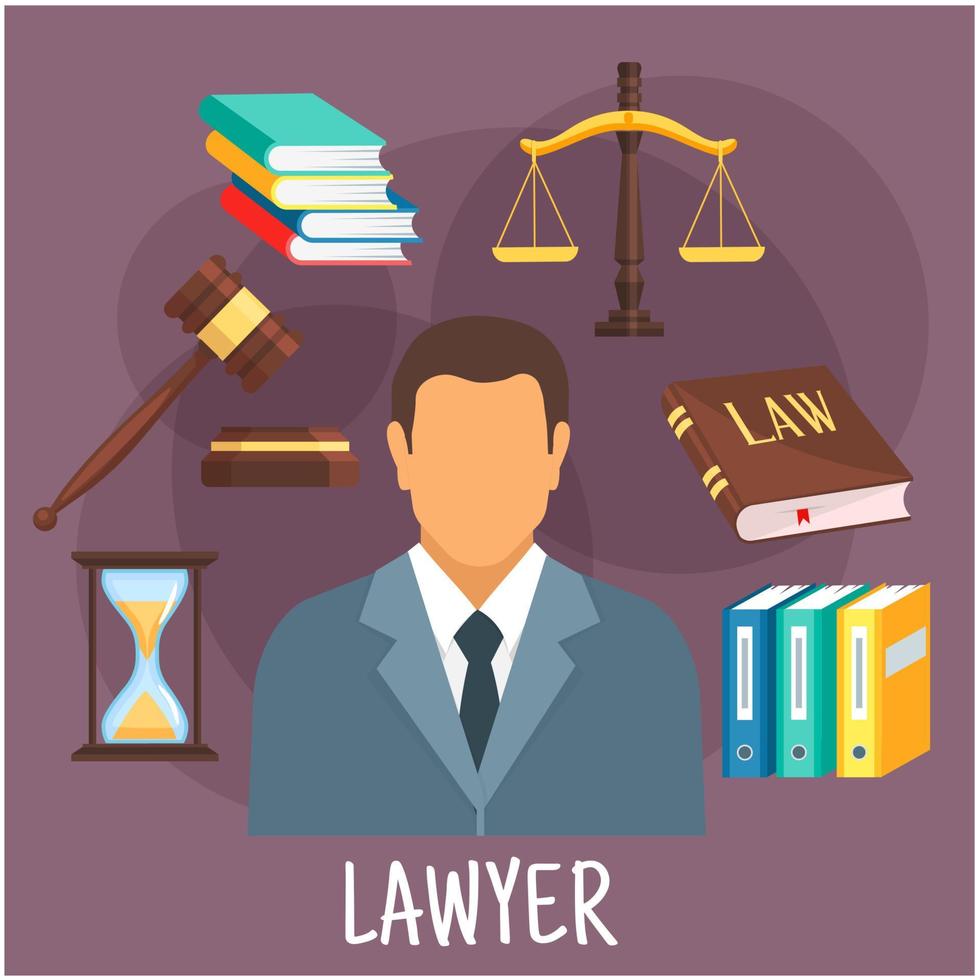 icono plano de profesión de abogado con símbolos de justicia vector