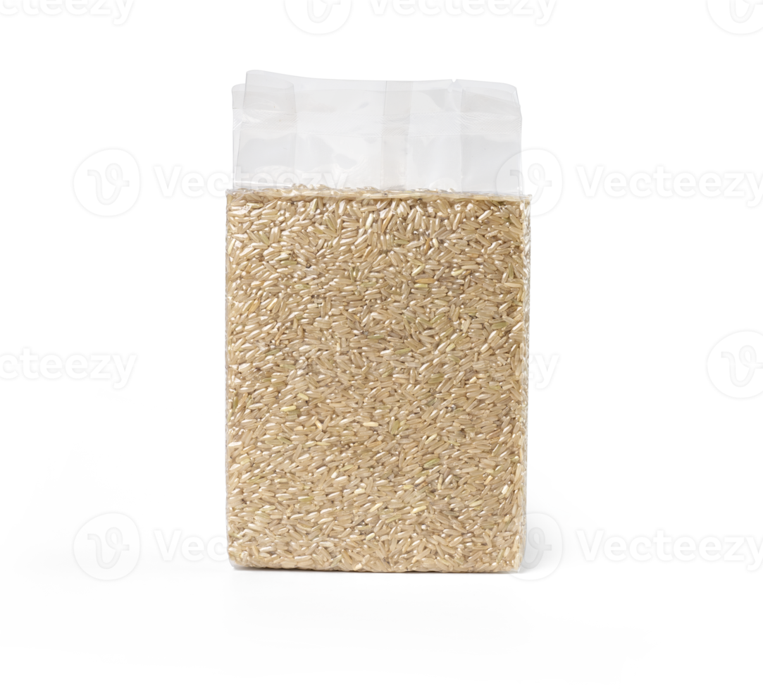 Brown rice in transparent plastic vacuum sealed bag png