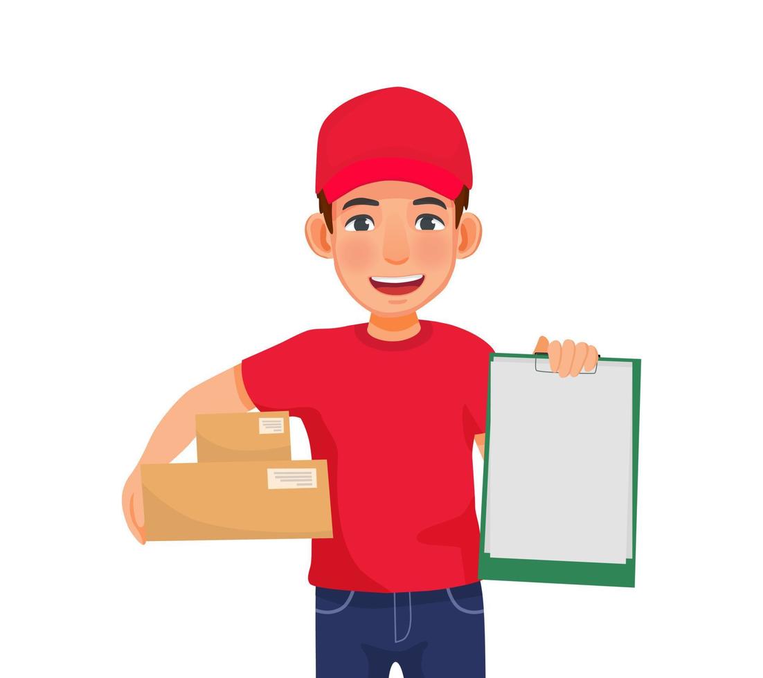 young delivery man or courier service with red cap uniform holding box package showing clipboard document to sign vector