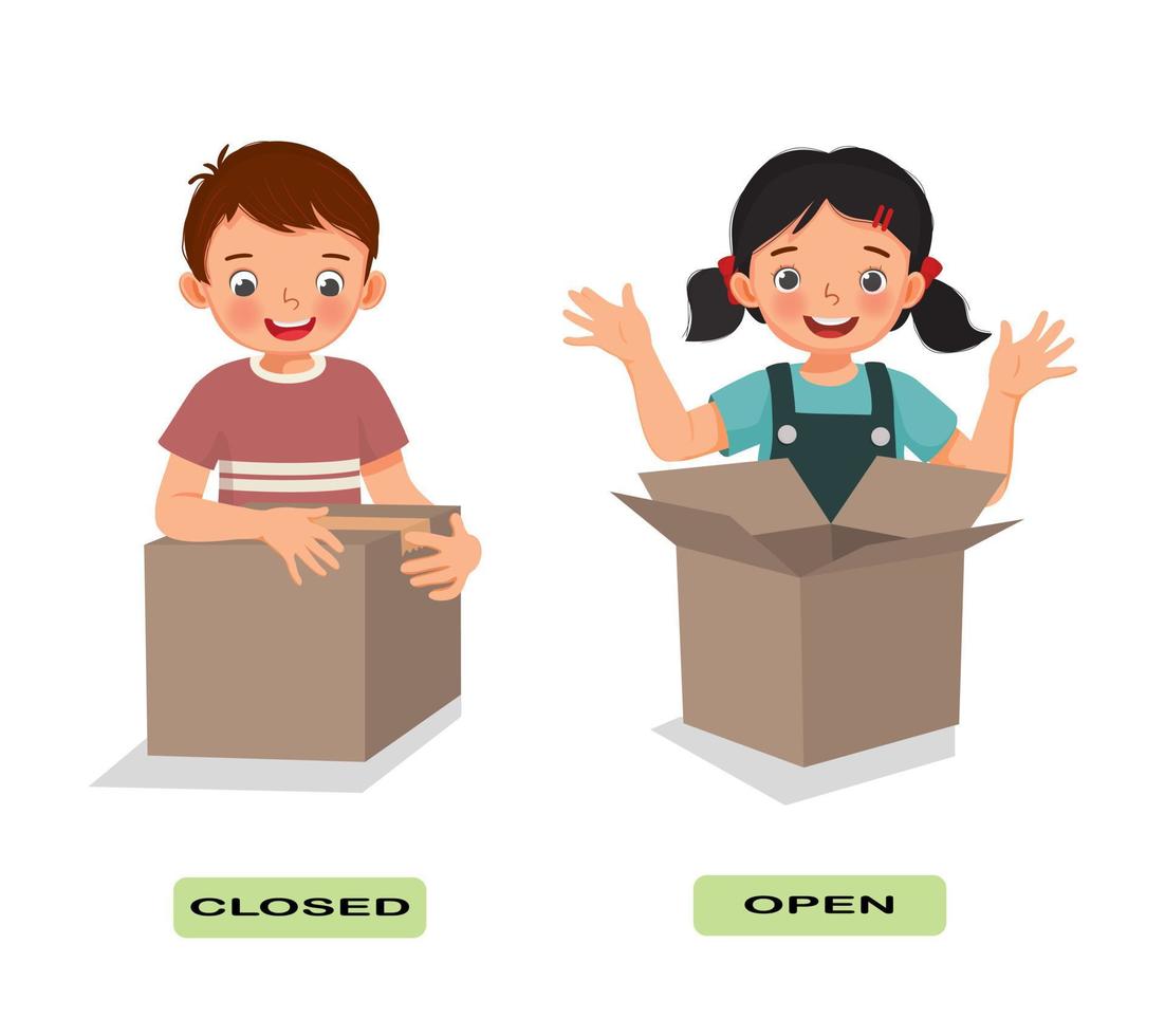 Opposite adjective antonym English words open closed illustration for kids explanation flashcard with text label vector