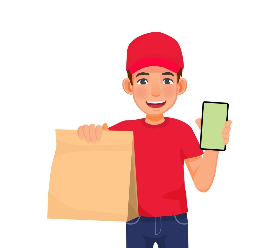 Young delivery man or courier service with red cap uniform holding food package and showing phone with blank screen vector