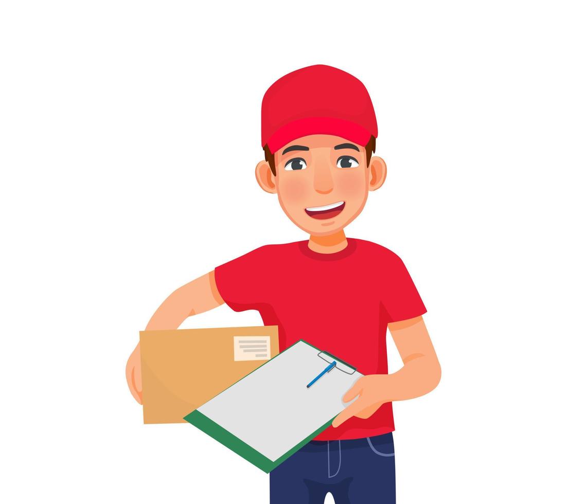 young delivery man or courier service with red cap uniform holding box package and giving clipboard document to sign vector