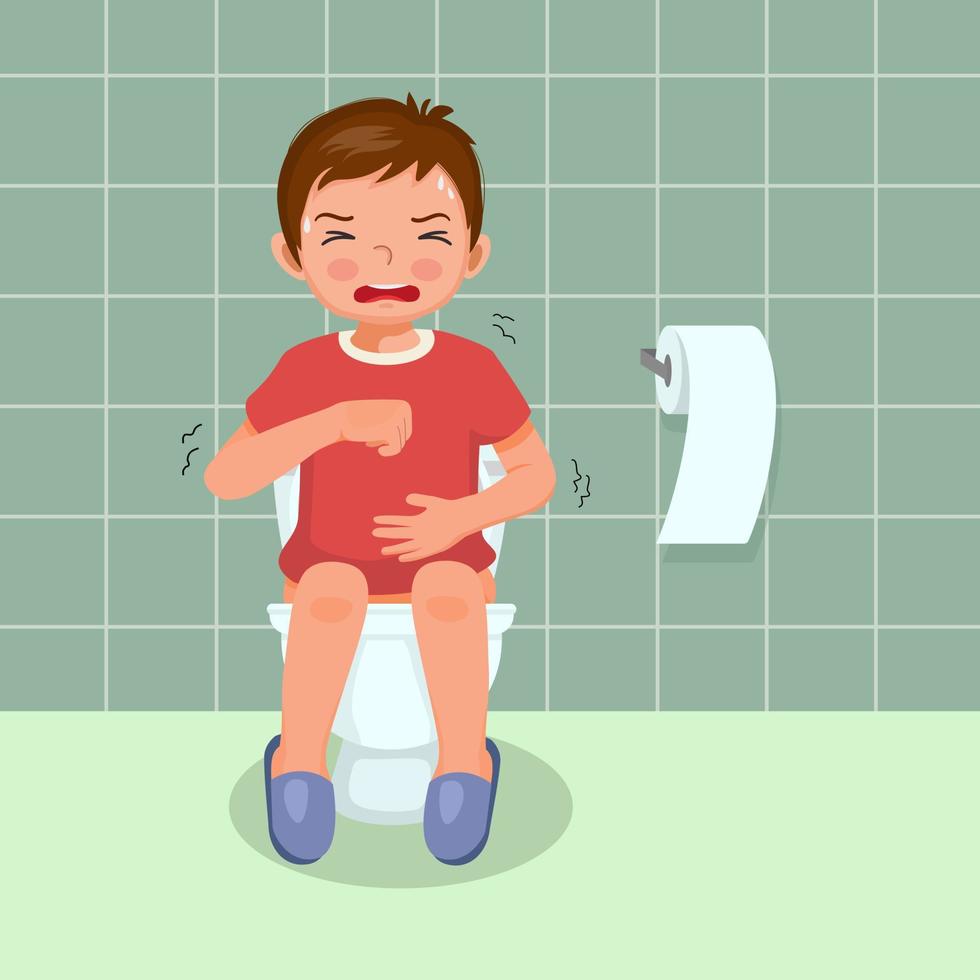 cute little boy sitting on toilet bowl in pain suffer from stomach ache having diarrhea constipation digestive problem vector