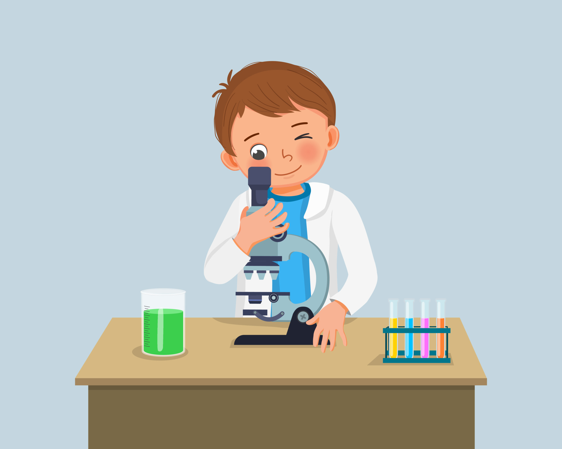 cute little boy scientist looking through microscope doing research