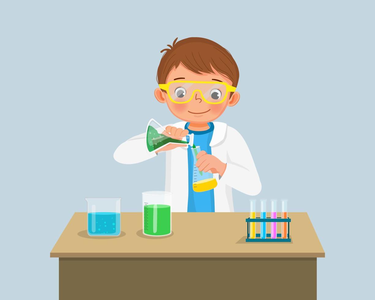 cute little boy scientist with safety goggles mixing chemical liquid in flasks doing science project chemistry experiment in the laboratory vector