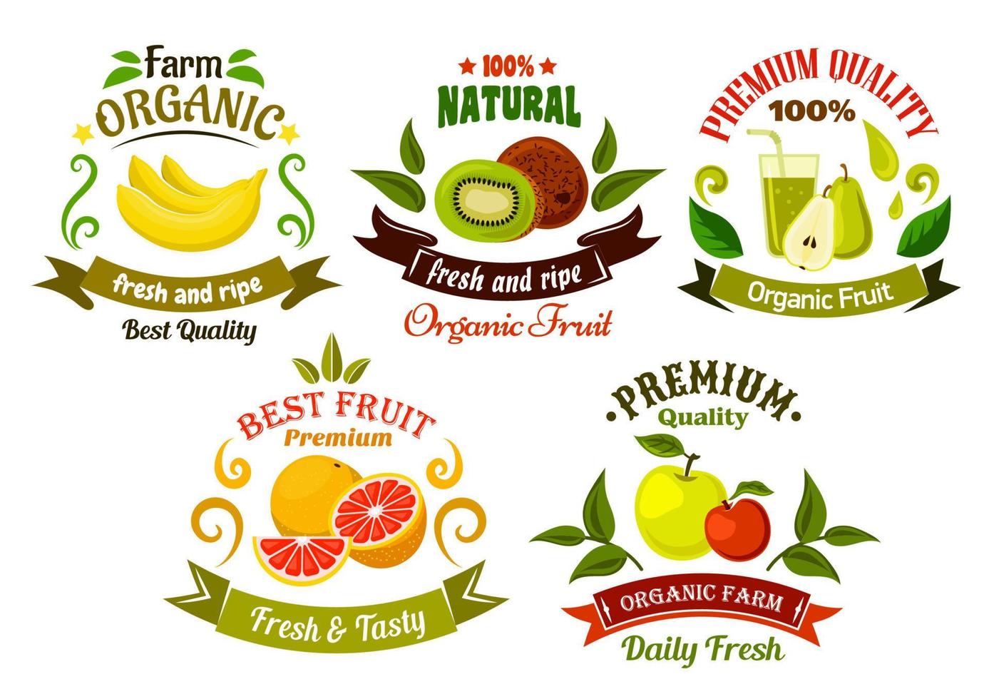 Organic fresh fruits emblems and symbols vector