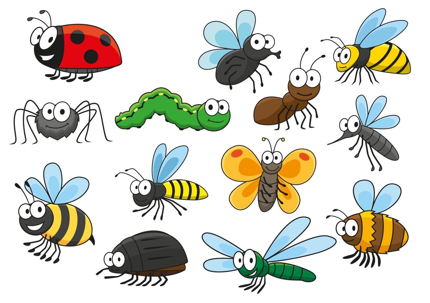 Colorful cartoon smiling insects characters vector