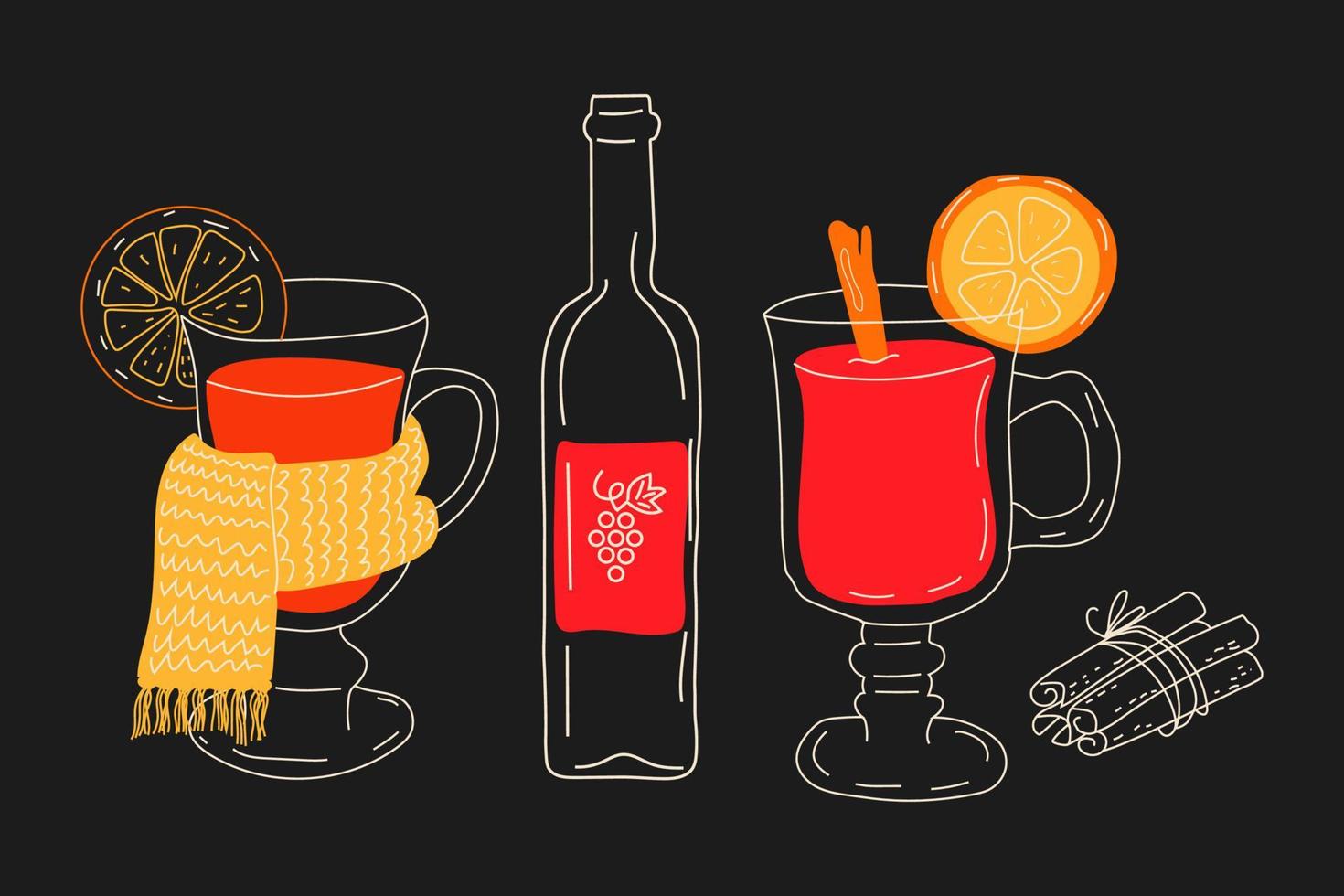 coloque vino caliente en diferentes copas y una botella de vino. vino caliente con canela.vector en estilo de dibujos animados. todos los elementos están aislados vector