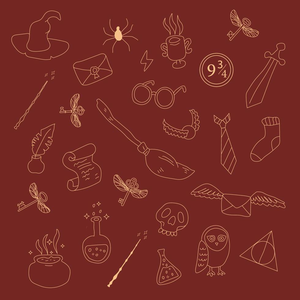 Hand drawn doodle magic. Vector background. Color red and gold