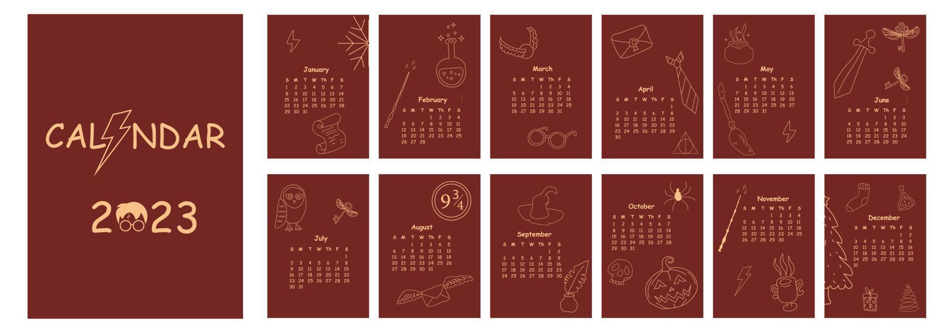 Diseño de calendario 2023. planificador de calendario mágico de doodle dibujado a mano estilo mínimo, organizador anual. ilustración vectorial color rojo y dorado. vector