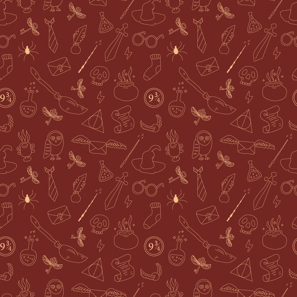 Hand drawn seamless pattern doodle magic. Vector background red, wallpaper, backdrop