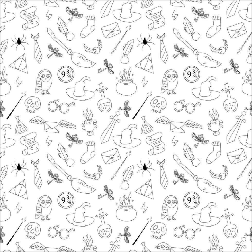 Hand drawn seamless pattern doodle magic. Vector background, wallpaper, backdrop