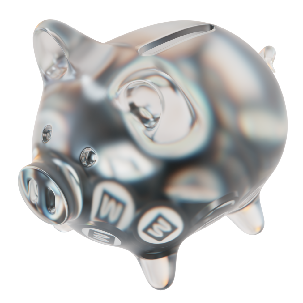 Mina MINA Glass piggy bank with decreasing piles of crypto coins.Saving inflation, financial crisis and loosing money concept 3d illustration png