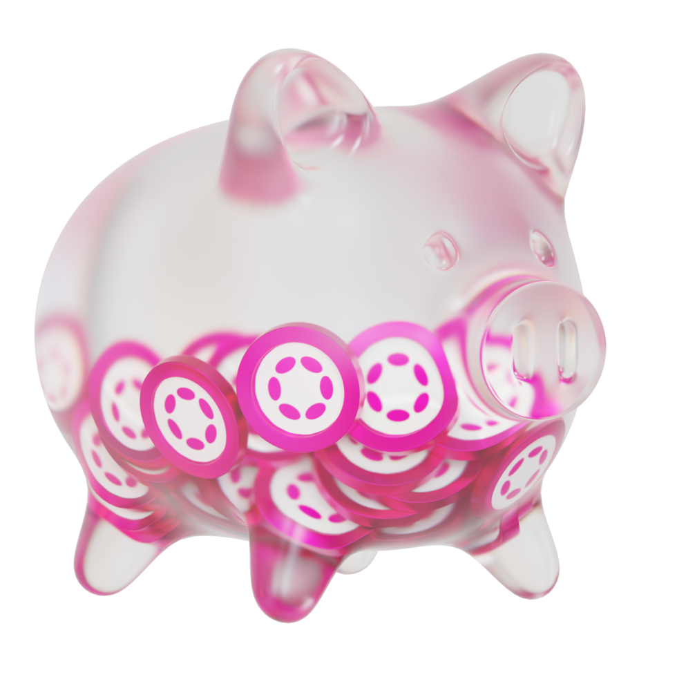 Polkadot DOT Glass piggy bank with decreasing piles of crypto coins.Saving inflation, financial crisis and loosing money concept 3d illustration png