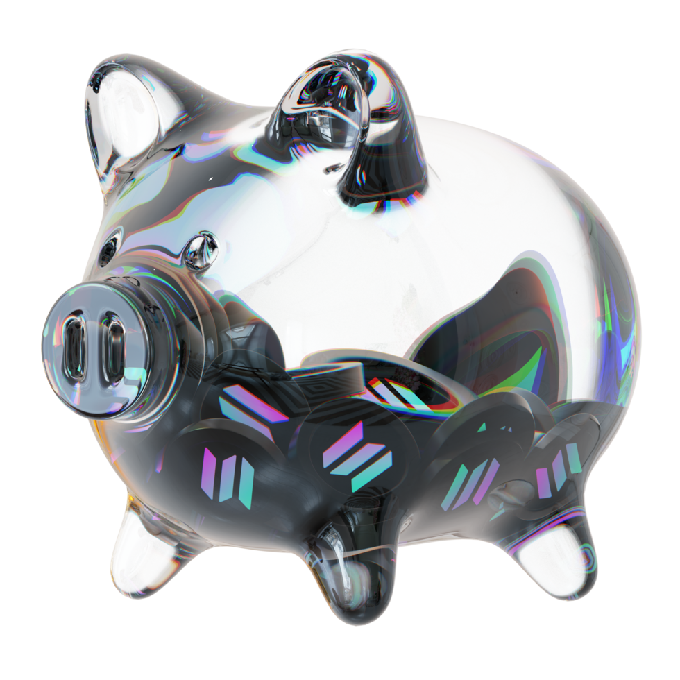 Solana SOL Glass piggy bank with decreasing piles of crypto coins.Saving inflation, financial crisis and loosing money concept 3d illustration png