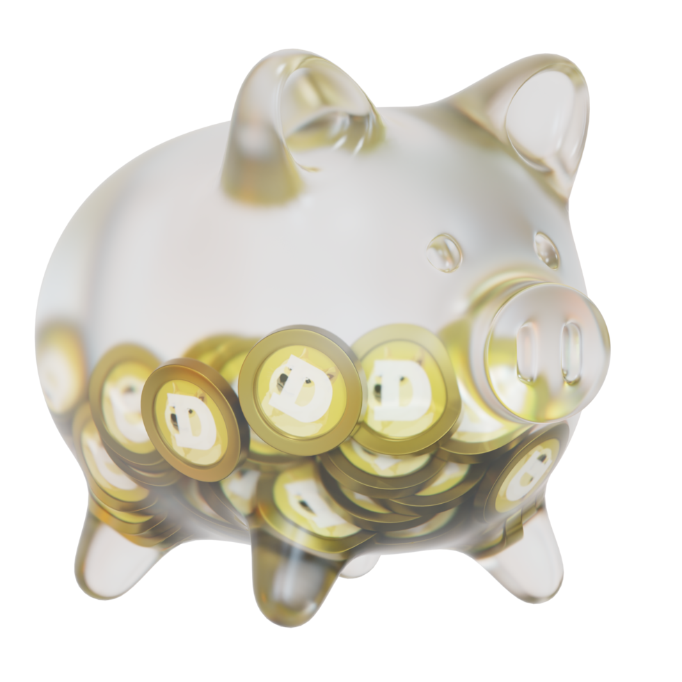 Dogecoin DOGE Glass piggy bank with decreasing piles of crypto coins.Saving inflation, financial crisis and loosing money concept 3d illustration png