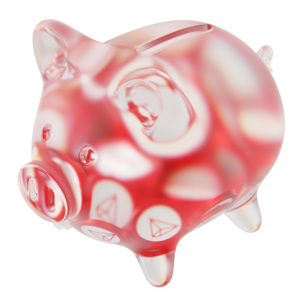 TRON TRX Glass piggy bank with decreasing piles of crypto coins.Saving inflation, financial crisis and loosing money concept 3d illustration png