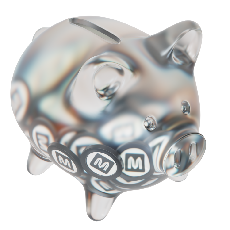Mina MINA Glass piggy bank with decreasing piles of crypto coins.Saving inflation, financial crisis and loosing money concept 3d illustration png