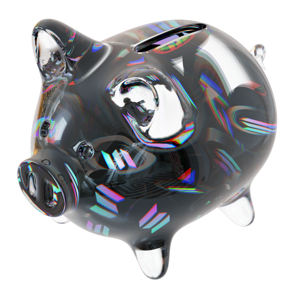 solana sol sparschwein aus glas mit abnehmenden stapeln von kryptomünzen. einsparung von inflation, finanzkrise und geldverlustkonzept 3d-illustration png