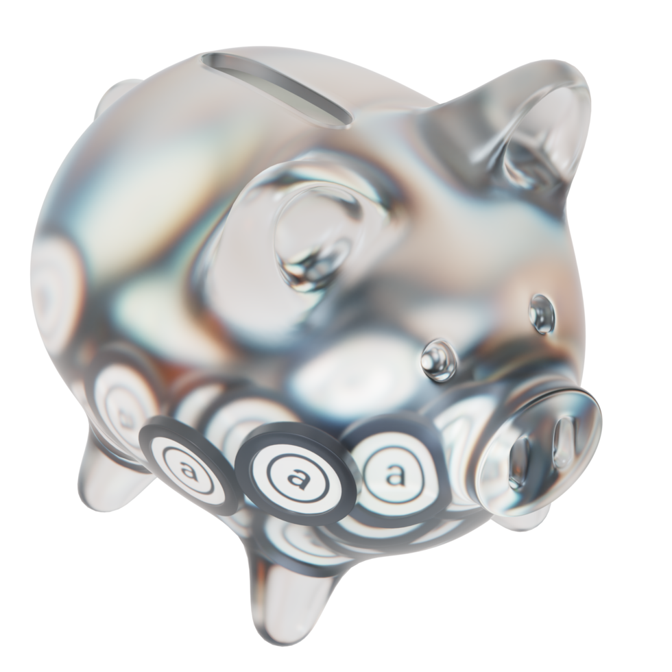 arweave ar sparschwein aus glas mit abnehmenden stapeln von kryptomünzen. einsparung von inflation, finanzkrise und geldverlustkonzept 3d-illustration png