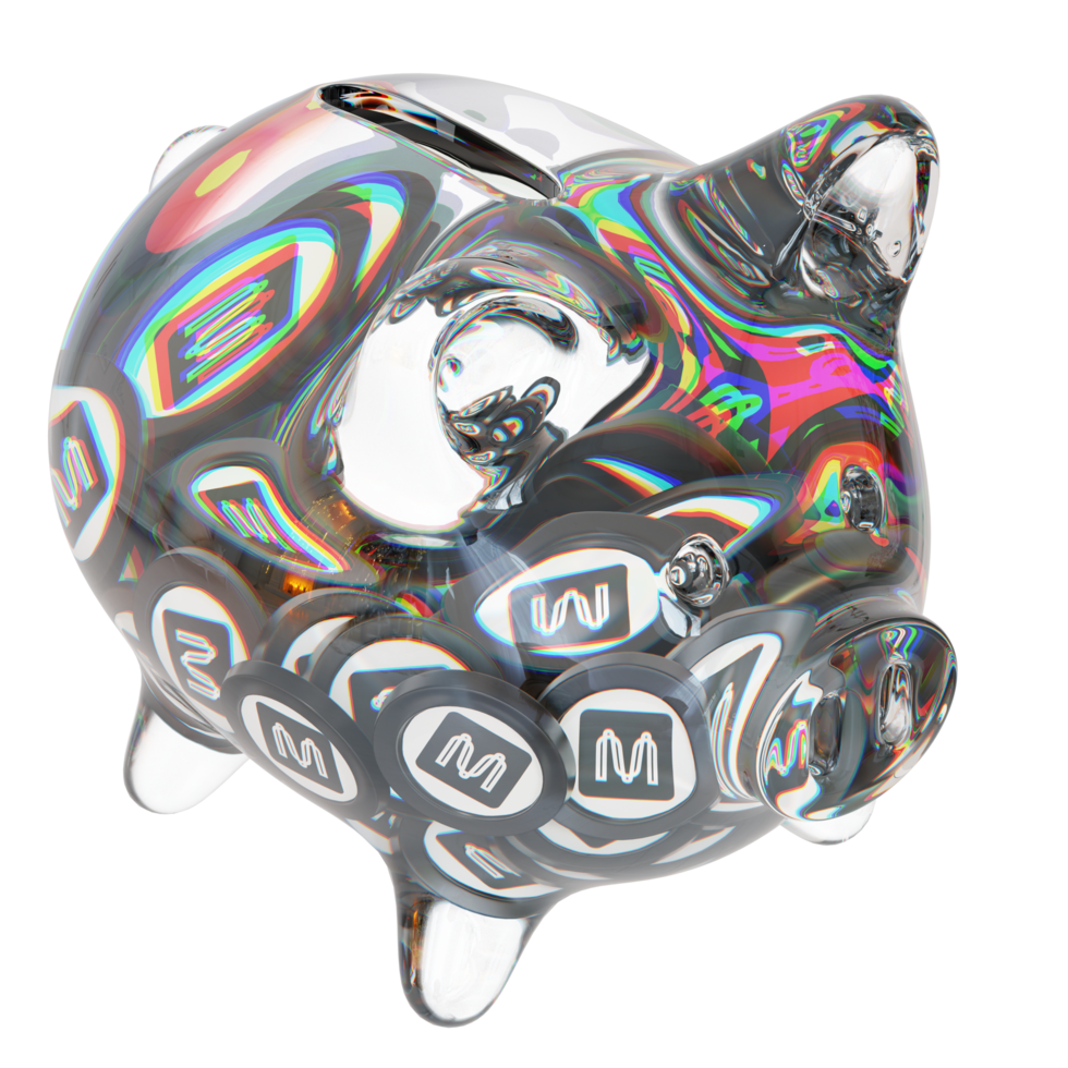 Mina MINA Glass piggy bank with decreasing piles of crypto coins.Saving inflation, financial crisis and loosing money concept 3d illustration png