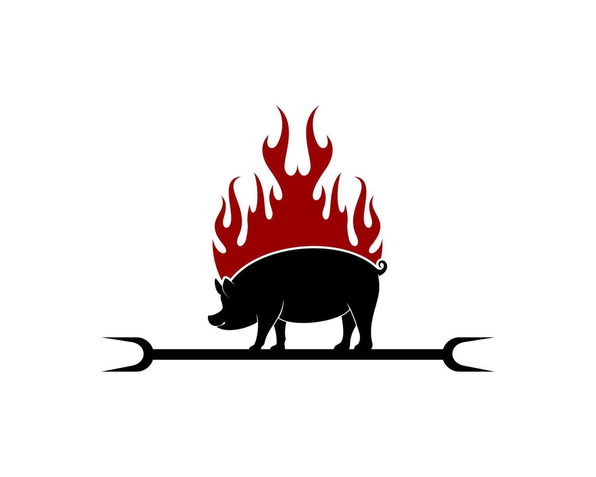 Pig silhouette with barbeque stick and fire behind vector