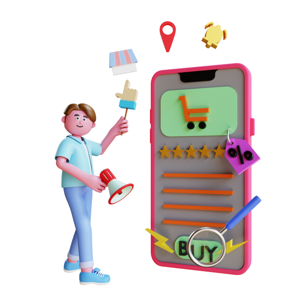 3d character person doing online store digital marketing png