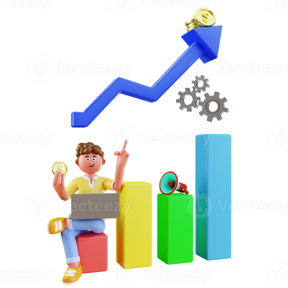 3d character person doing digital marketing with graph png