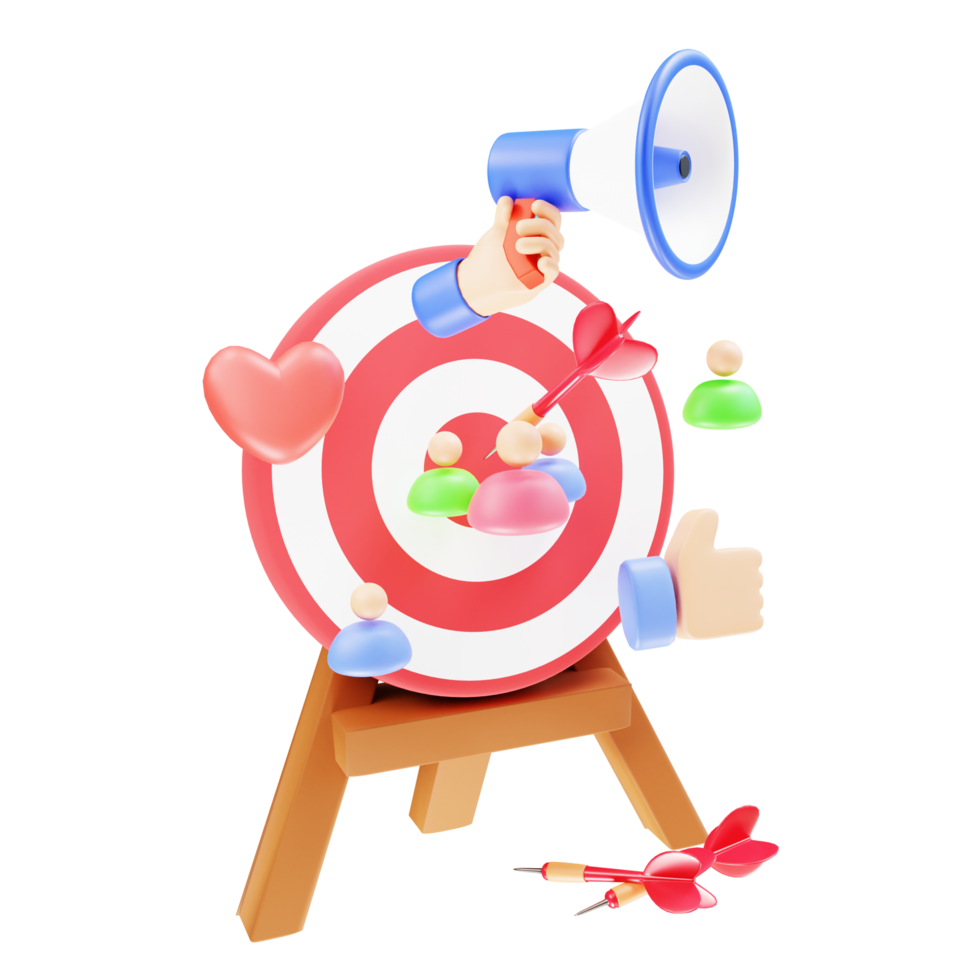 3d render digital marketing arrowbulls eye and megaphone png