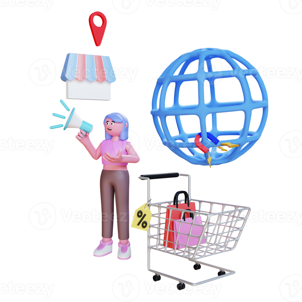 3d character person doing store digital marketing png