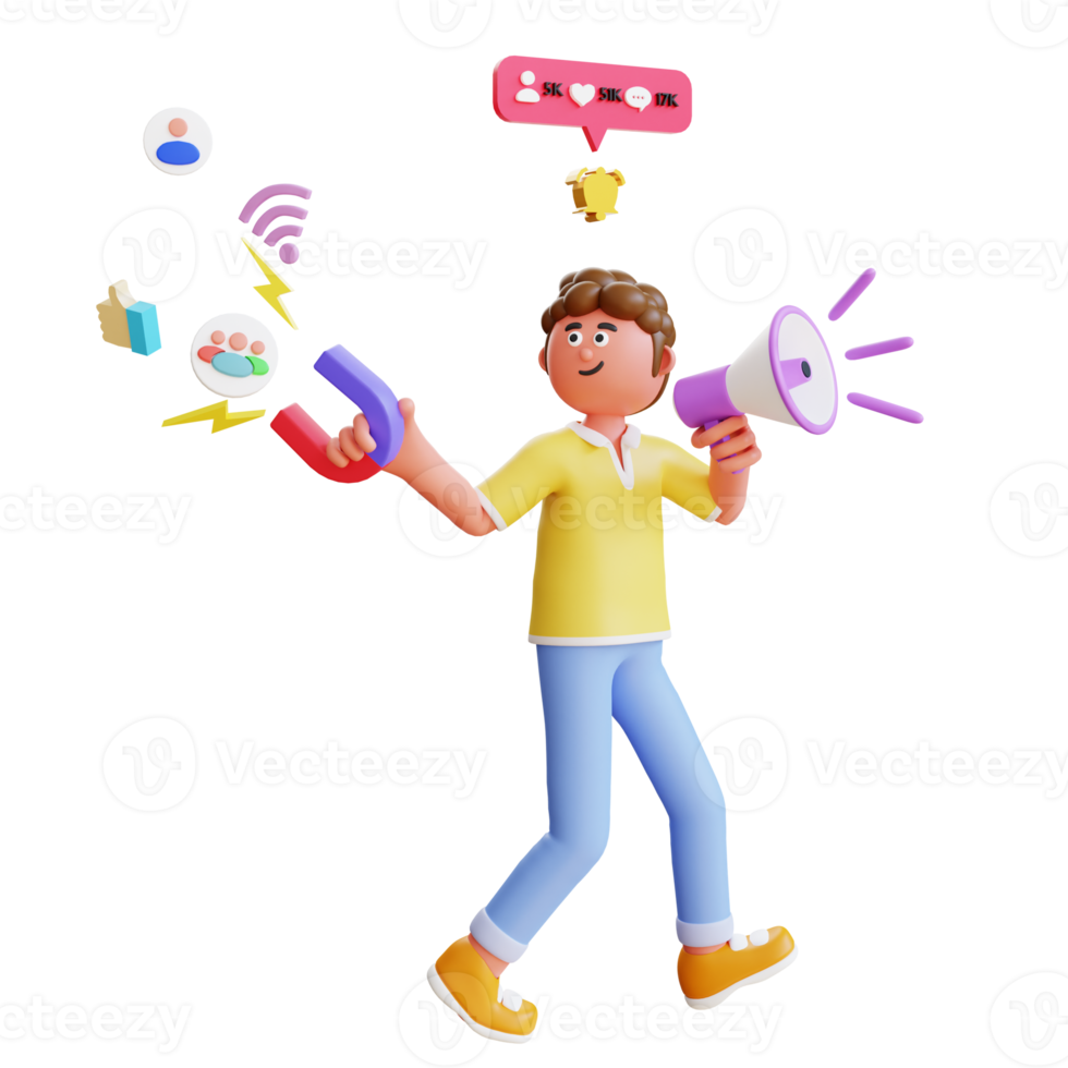 3d character person doing social media digital marketing png